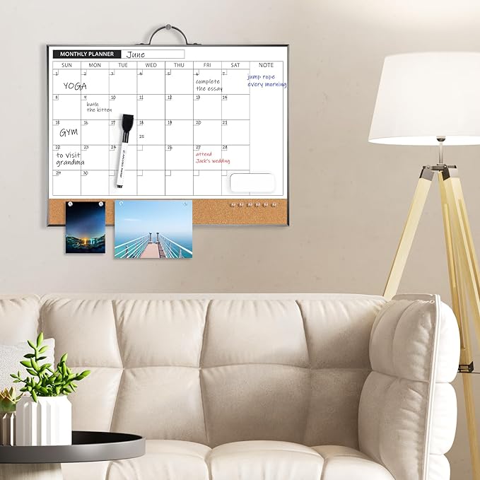 ARCOBIS Monthly Calendar Whiteboard Dry Erase Cork Board Combination for Wall, 12"x16" Magnetic Dry Erase Board, Double-Sided White Board, Portable Board for Planning, Office, School, Home, Black