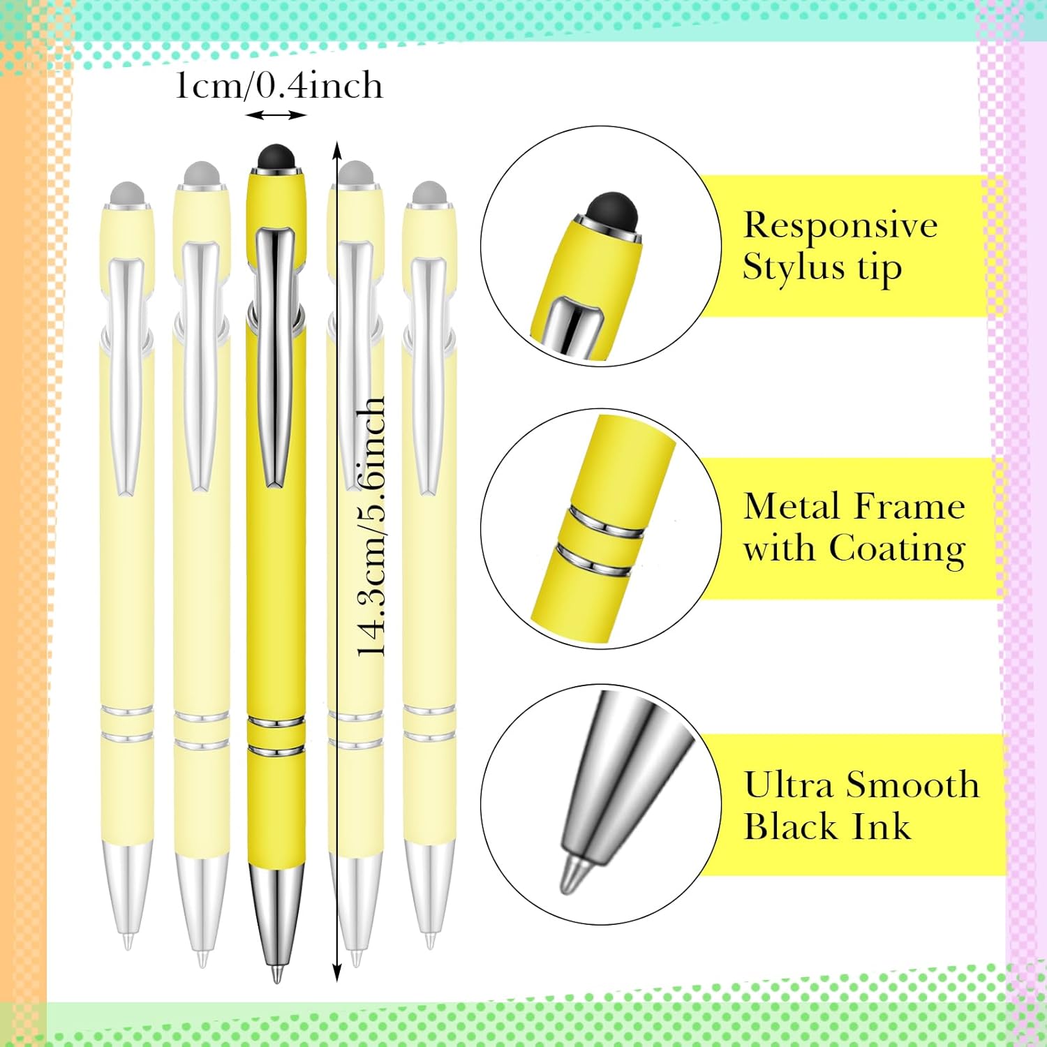 Zonon 38 Pieces Rubberized Ballpoint Pen with Stylus Tip Stylish Metal Pen Capacitive Styli with Soft Rubberized Grip, Black Ink for Most Devices(Yellow)