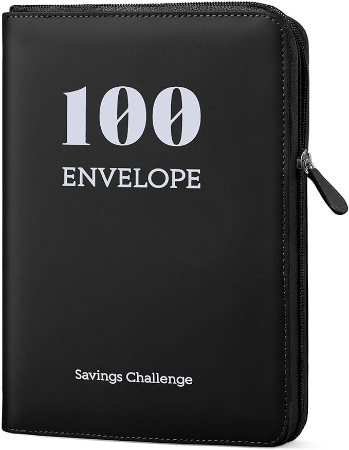 Sooez Savings Challenges Book with Extra Pocket Storage, Zipper Closure 100 Envelopes Money Saving Challenge, PU Saving Binder with Cash Envelope & Laminated Tracker for Cash Bill, 8.3”x 10.5” Black
