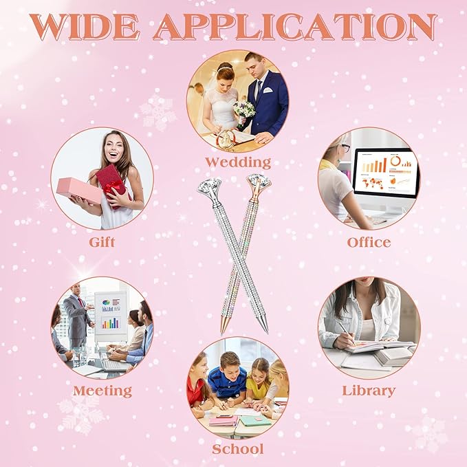 Jeyiour 6 Pcs Big Diamond Pens with Crystal Bling Rhinestone Metal Glitter Diamond Ballpoint Black Ink Pens Wedding Bridal Shower Favors for Birthday Gift Supplies(Silver, Rose Gold)