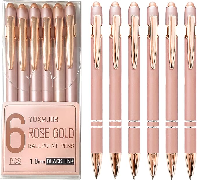 Ballpoint Pens, 6 Pack Rose Gold Metal Pens Black Ink Pens, 1.0mm Medium Point Stylus Pens for Touch Screens, Cute Pens Teacher Gifts Office Supplies for Women (6 Pcs Rose Gold, No Words)