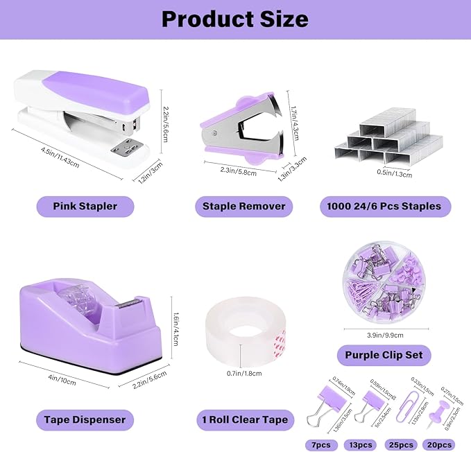 Purple Office Supplies Set 14pcs - Cute Desk Supplies Kit, Stapler and Tape Dispenser Set, Office Essentials Desk Accessories Aesthetic for Women, Students, Teacher