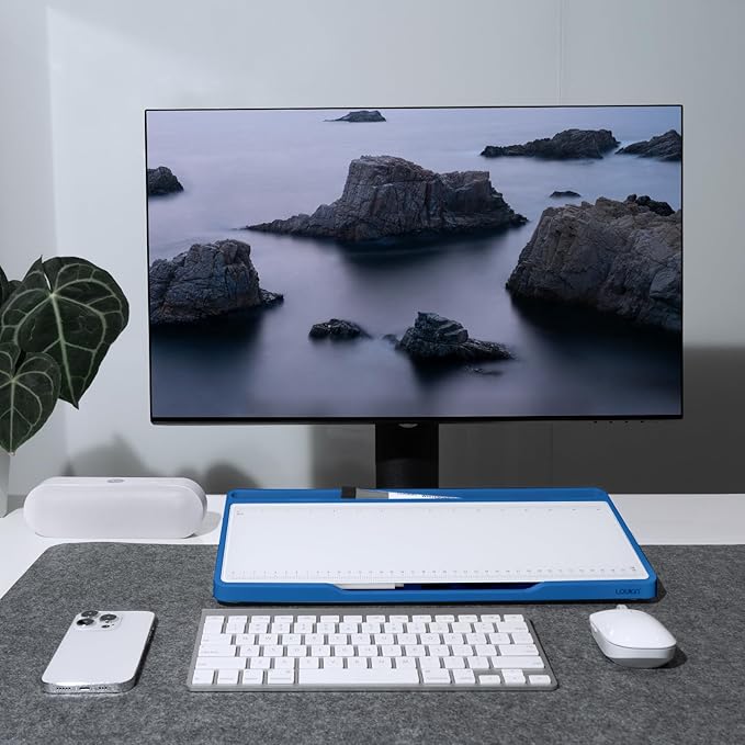 LOUKIN Glass Desktop Whiteboard, 15.3" x 5.6" Desktop Dry Erase Board with Dotted and Graduated Surface, Desktop Buddy, Great for Design and Drawing, 3 Markers and 1 Dry Erase Eraser Included (Blue)