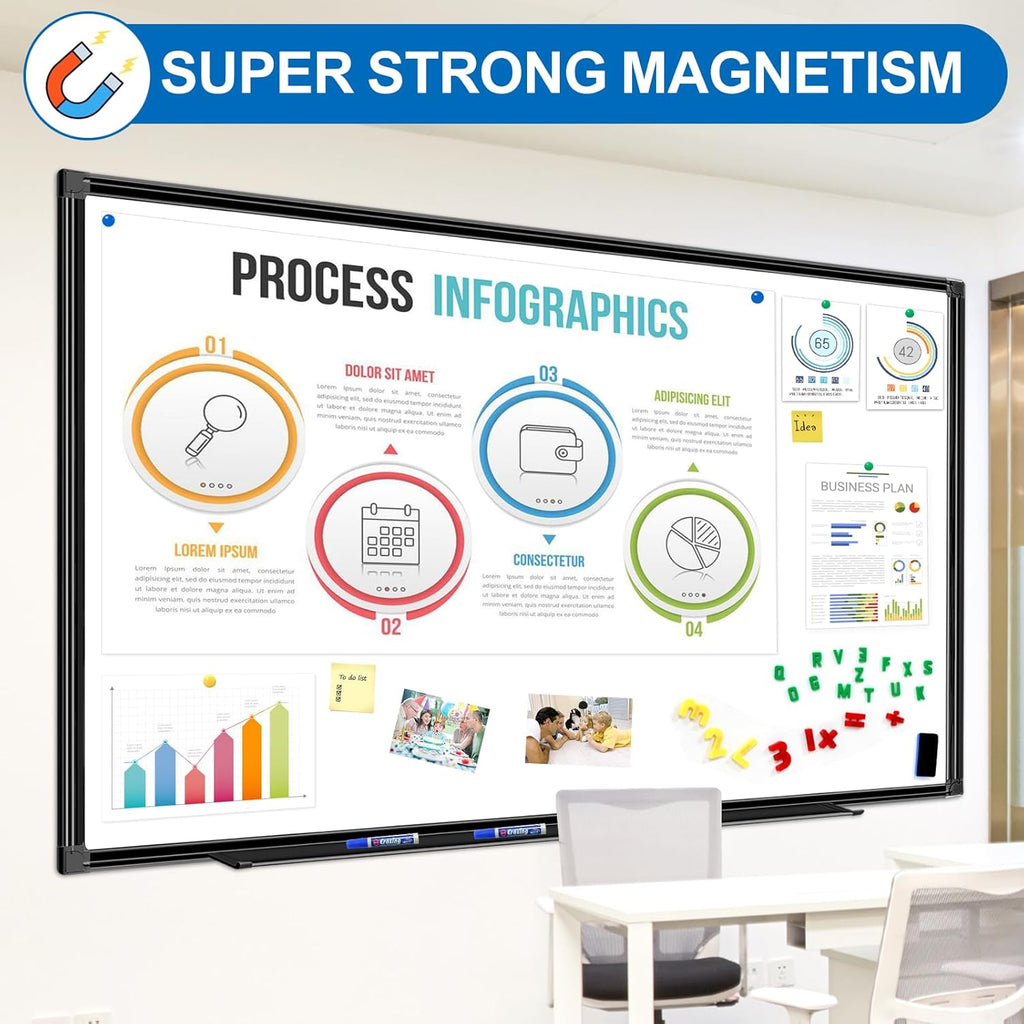 H-Qprobd 6'x4' Large Magnetic White Board Dry Erase Whiteboard with Black Aluminum Frame, 72"X48" Magnet Presentation Wall Boards for Office, Classroom, School, Home