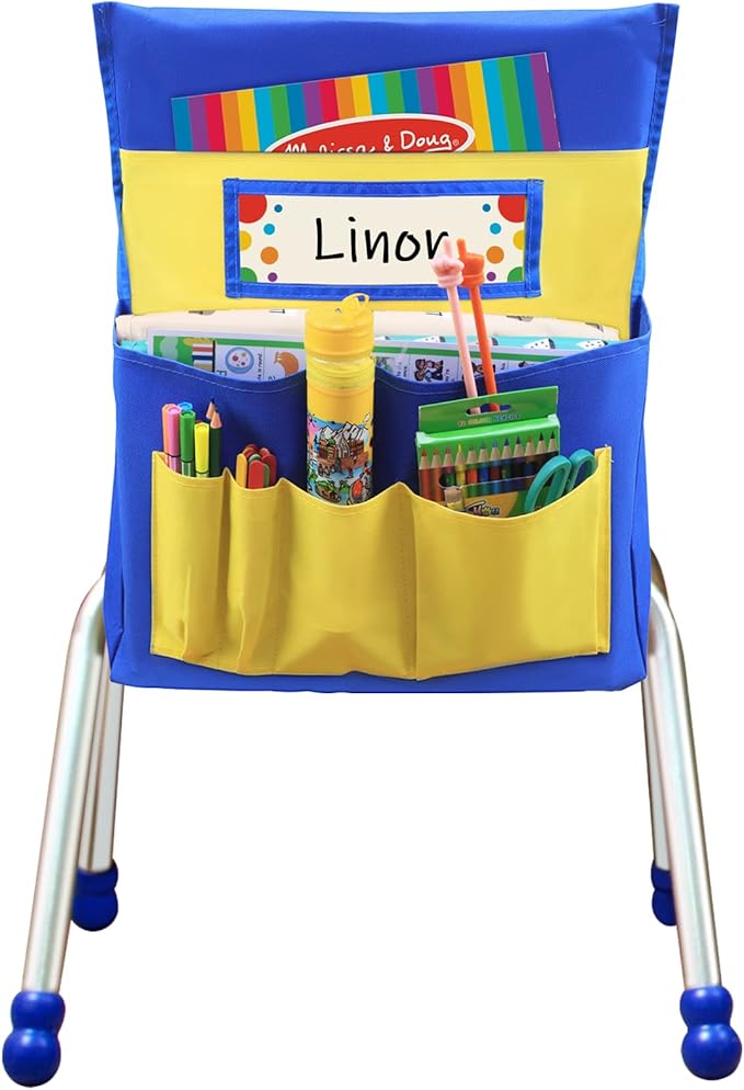 VNOM Chair Back Pocket School Seat Chair Storage Pocket Organizer with Label Slot Multiple Pockets for School Home Classroom Preschool Daycare (Yellow+Blue)