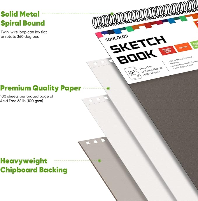 Soucolor 9" x 12" Sketch Book, 1-Pack 100 Sheets Spiral Bound Art Sketchbook, Acid Free (68lb/100gsm) Artist Drawing Book Paper Painting Sketching Pad