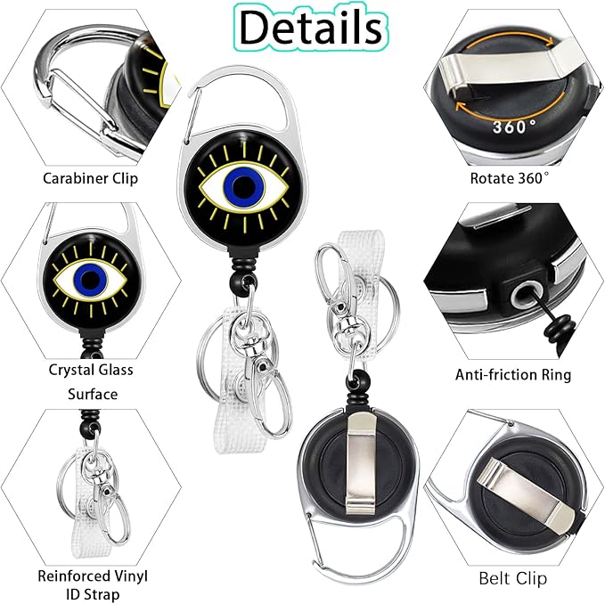 Evil Eye Badge Reel Retractable Heavy Duty with 360°Swivel Carabiner Clip, Cute ID Badge Holder Retractable, ID Card Holder Retractable Keychain Name Badge Clip, Nurse Teacher Gifts