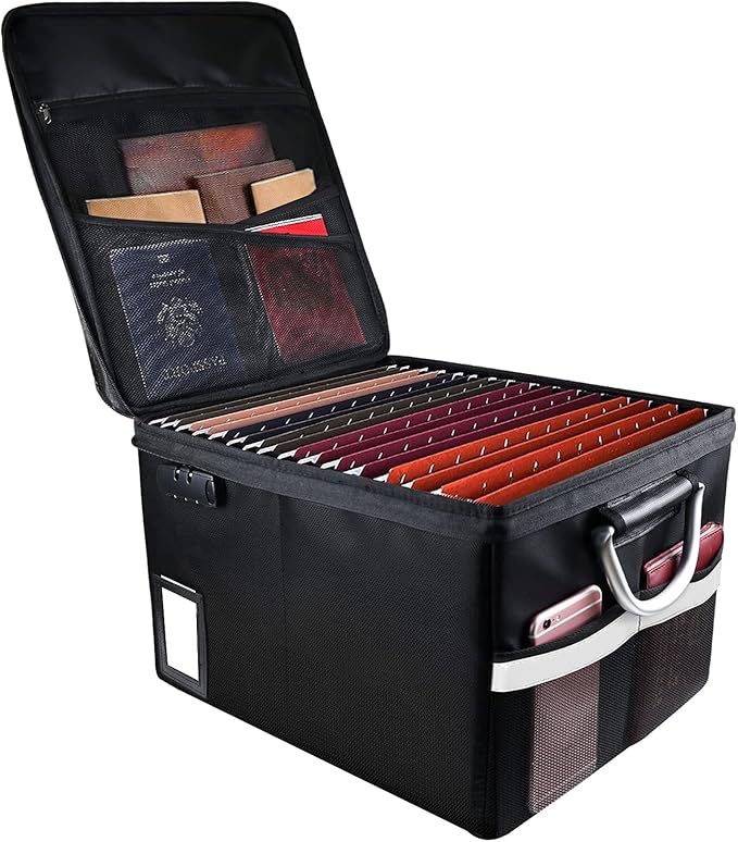 Fireproof Document Box File Organizer Box, Fireproof File Cabinet Box Storage Filing Cabinet Box with Lock, Portable Office Safe Box for Hanging Letter/Legal Folder 16.1 x 12.9 x 11in (Dark Black)