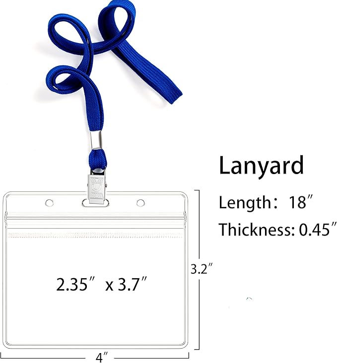 100Pcs Clear Plastic Horizontal Name Tags Badge ID Card Holders and 100Pcs Lanyards with Clip (Blue)