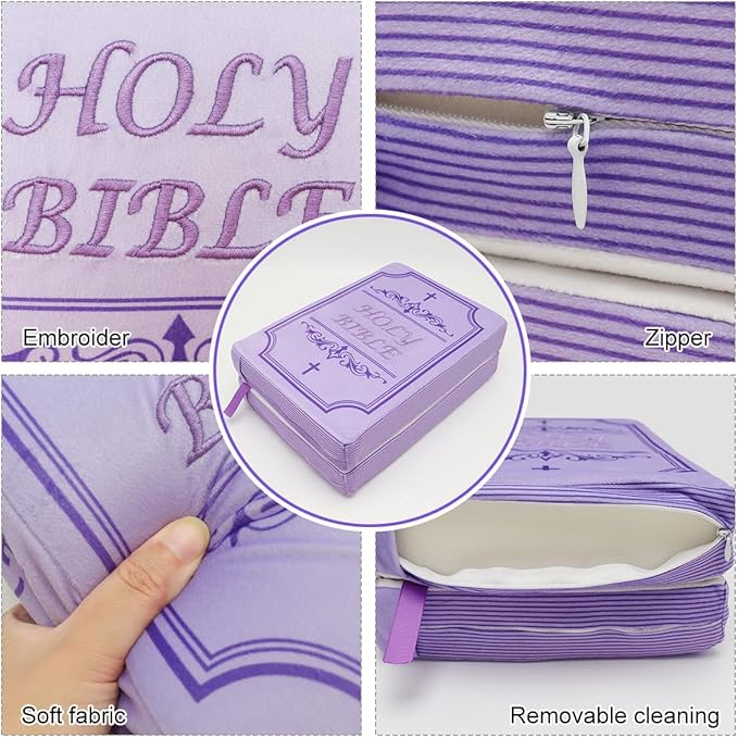 Bible Pillow Book Plush That Opens Christian Holy Bible Stuff Religious Party Favors Gifts for Kids for Christening Easter (Purple)