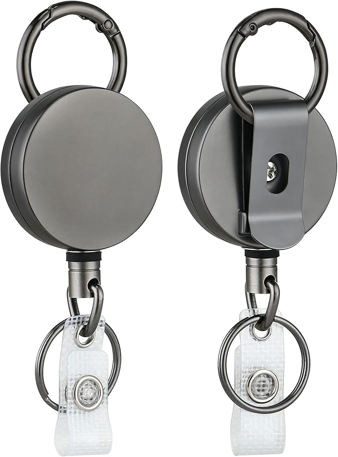 Will Well ID Badge Holder Reel with Clip and Keyring - Heavy-Duty All-Metal Casing with 27.5" UHMWPE Fiber Pull Cord for Durability and Easy Access, Holds up to 8 Keys - 2-Pack, Round, Glossy Silver