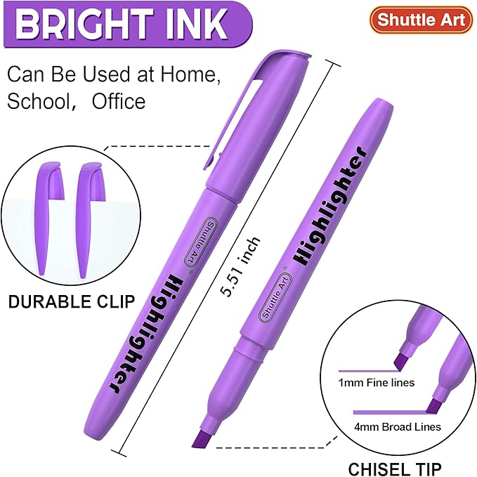 Shuttle Art Highlighters, 30 Pack Purple Highlighters Bright Colors, Chisel Tip Dry-Quickly Non-Toxic Highlighter Markers for Adults Kids Highlighting in Home School Office
