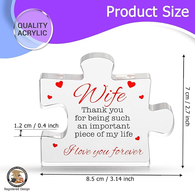 VELENTI Valentine's Gifts for Wife - Engraved Acrylic Block Puzzle Wife Gift 3.35 x 2.76 inch - Cute Wife Gifts from Husband - Novelty Birthday Paperweights, Christmas, Cool for Women