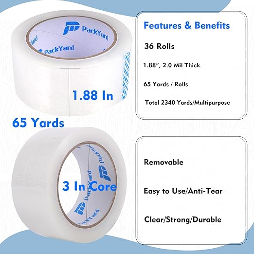 Packing Tape Refill 36 Rolls Heavy Duty Sealing Great for Packing Box Shipping and Moving Supplies Packaging 1.88" x 65 Yards 3" Core 2.0 Mil Thick