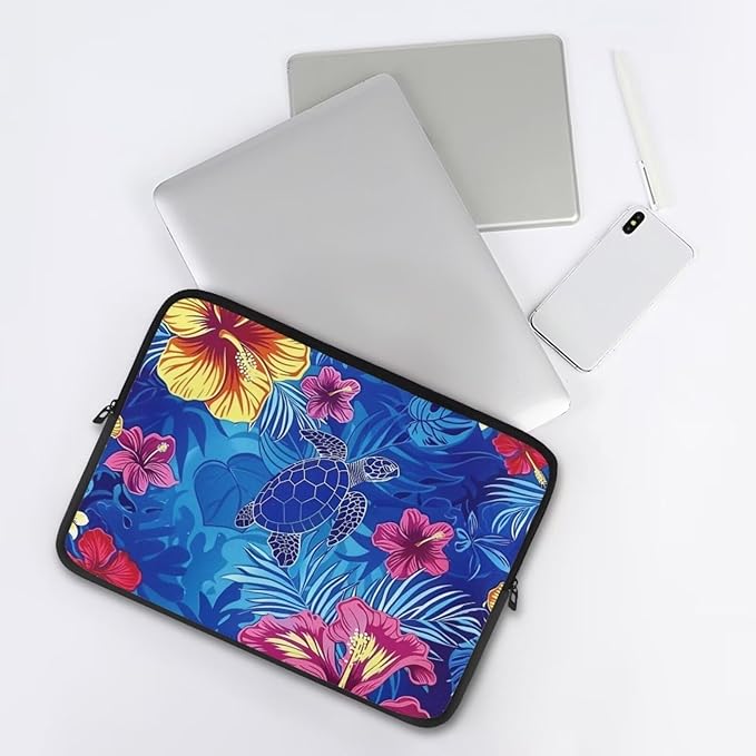 Sea Turtle Printed Laptop Briefcase for Women Men, Hibiscus Flower Printed 15 Inch Laptop Bag Messenger Bag Lightweight Laptop Case for Office Business Traveling Daily Use