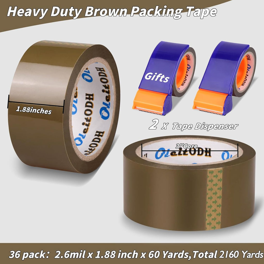 36 Rolls Brown Packing Tape with Dispenser, 1.88" X 60 yd Shipping Tape Bulk, Total 2160 yards, 2.6 mil, 3" Core, Tan Packing Tape Refills, Carton Sealing Tape for Moving Boxes, Package, Mailing