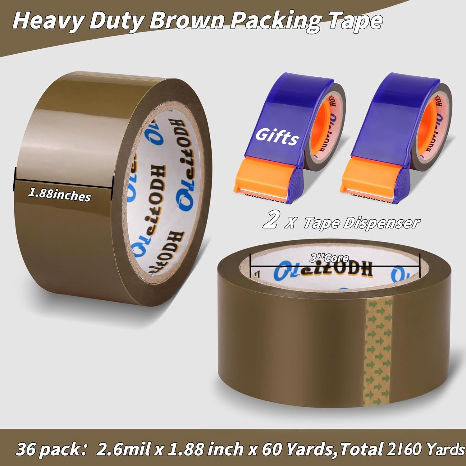 36 Rolls Brown Packing Tape with Dispenser, 1.88" X 60 yd Shipping Tape Bulk, Total 2160 yards, 2.6 mil, 3" Core, Tan Packing Tape Refills, Carton Sealing Tape for Moving Boxes, Package, Mailing