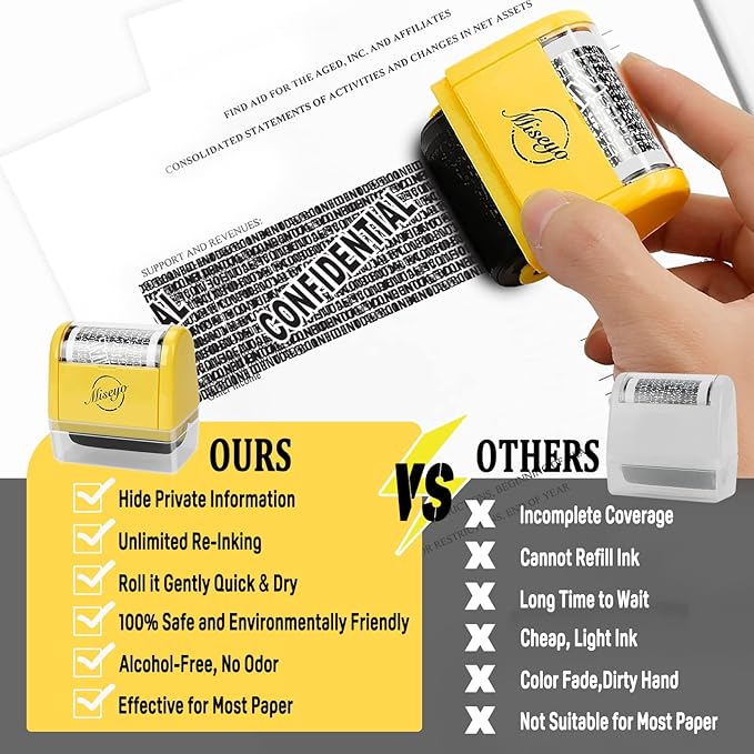 Miseyo Identity Theft Protection Roller Stamp Set - Yellow (6 Refill Ink Incleded)