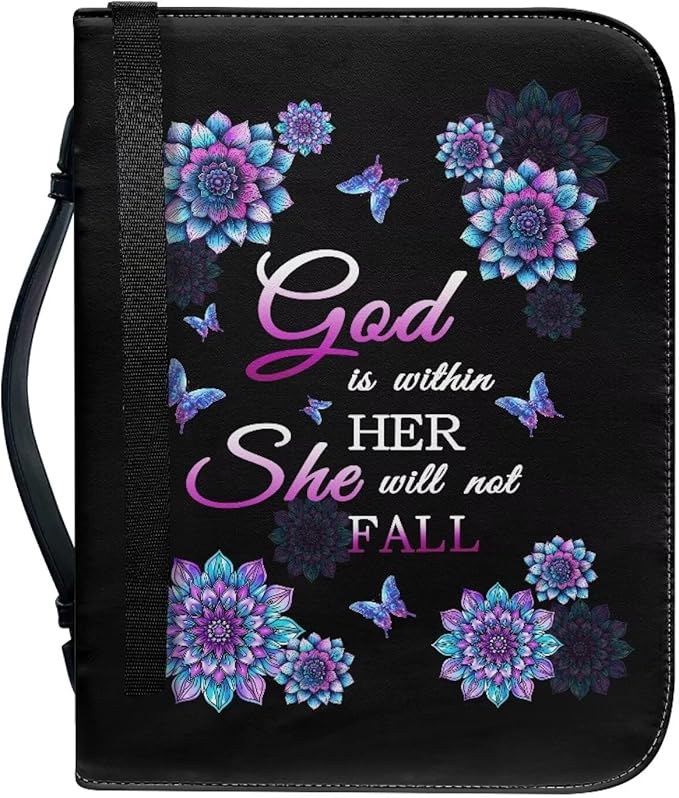 Lotusorchid Mandala Flower Butterfly Bible Covers for Women, God is within Her, She Will Not Fall, Cross Printed Bible Case Large Size Bible Bag with Pockets Bible Carrying Church Bag Bible Case