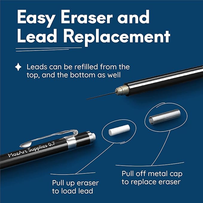 MozArt Mechanical Pencil Set with Case - 4 Sizes: 0.3, 0.5, 0.7 & 0.9mm with 30 HB Lead Refills Each & 4 Eraser Refills -Sketch, Drafting, Art, Drawing Supplies (Black)