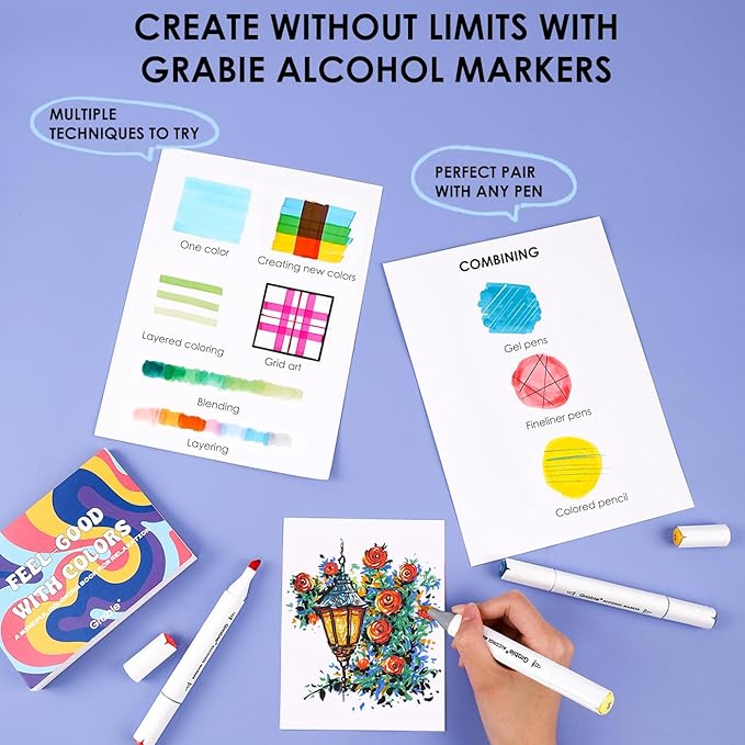 Grabie Alcohol Based Marker with Case and Coloring Book, 48-color Double Tipped Alcohol Markers, Chisel & Brush Alcohol-based Art Marker Set for Adults Coloring Illustration