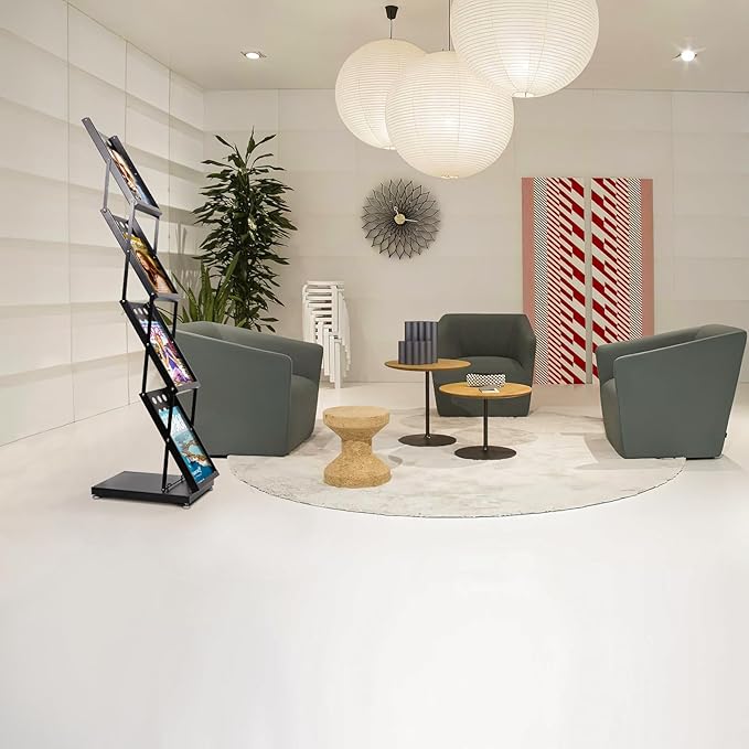 4 Pockets Folding Magazine Rack，Floor Metal Black Literature Rack with Case Brochure Stand Literature Stand Catalog Holder Stand Flyer Display Stand for Trade Show Exhibition Office Retail