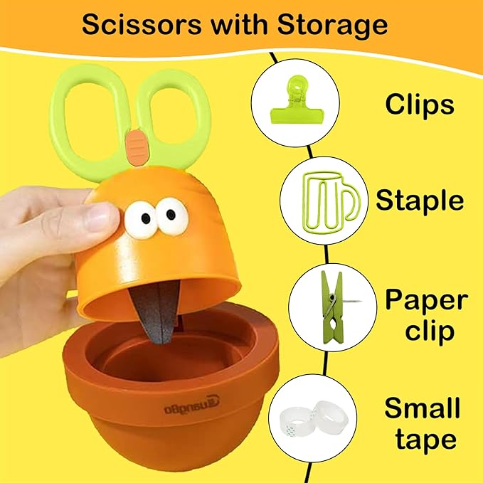 Dravilloy4.73" Carrot-Shaped Safety Scissors with Storage,Office ，Home Scissors for Arts and Crafts,Blunt tip Scissors for Kids. Craft Plastic Scissors for Preschool Supplies and Scrapbooking Supplies