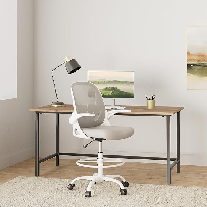Primy Ergonomic Drafting Chair with Flip-up Armrests for Standing Desk - Tall Office Chair with Lumbar Support and Adjustable Footrest Ring（Gray）