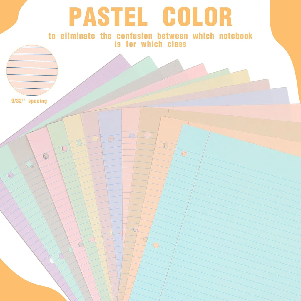 PerKoop 600 Sheets Colored Loose Leaf Paper 8.5" x 11" college ruled Lined 3 Hole Punched notebook Filler Paper for 3 Ring Binders Office School Supplies (Aesthetic Color)