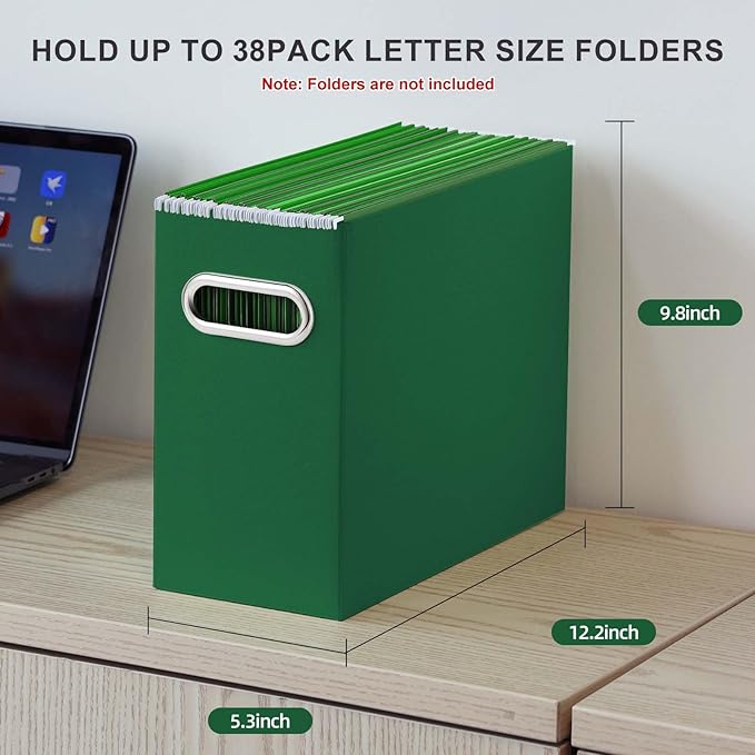 Oterri File Organizer, Small Storage Box, Cardboard File Folder Organizer, Collapsible File Box, Hanging File Organizer for Letter Size, Portable File Box with Handle, Only Box (Dark Green,4 Packs)