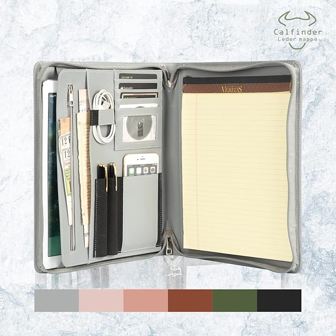 Calfinder Portfolio for Men, Zippered Vegan Leather Padfolio for Women, Business Portfolio Organizer Folder, Professional Padfolio with A4 Notepad Holder for Interview/Meeting, Office Gifts, Gray