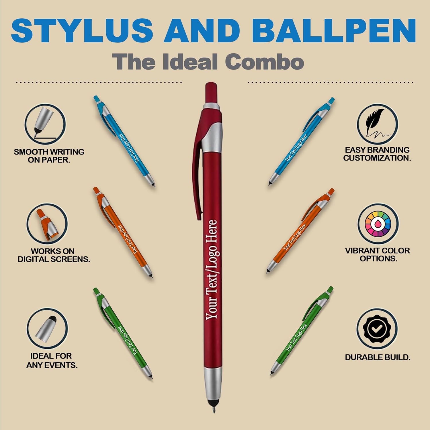 Personalized with Your Custom Logo or Text Pens-Pack of 300- for Marketing, Parties, and Events, 2 in 1 Capacitive Stylus & Ballpoint Pen Compatible with Touchscreen Devices, Black Ink, Assorted