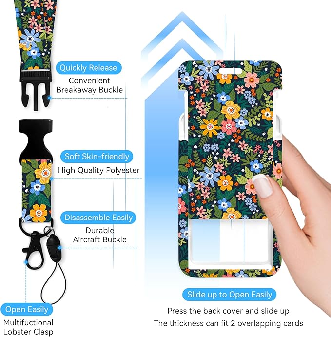 Flowers Badge Holder with Retractable Reel and Breakaway Lanyard，Badge Clips Retractable Heavy Duty Badge Reel，Funny Keychain，ID Holder with Breakaway Lanyard for School Nurse Office Teen