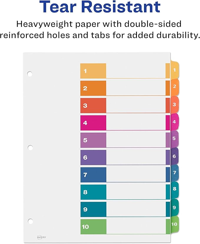 Avery 10 Tab Dividers for 3 Ring Binders, Customizable Table of Contents, Multicolor Tabs, 1 Set (11135)