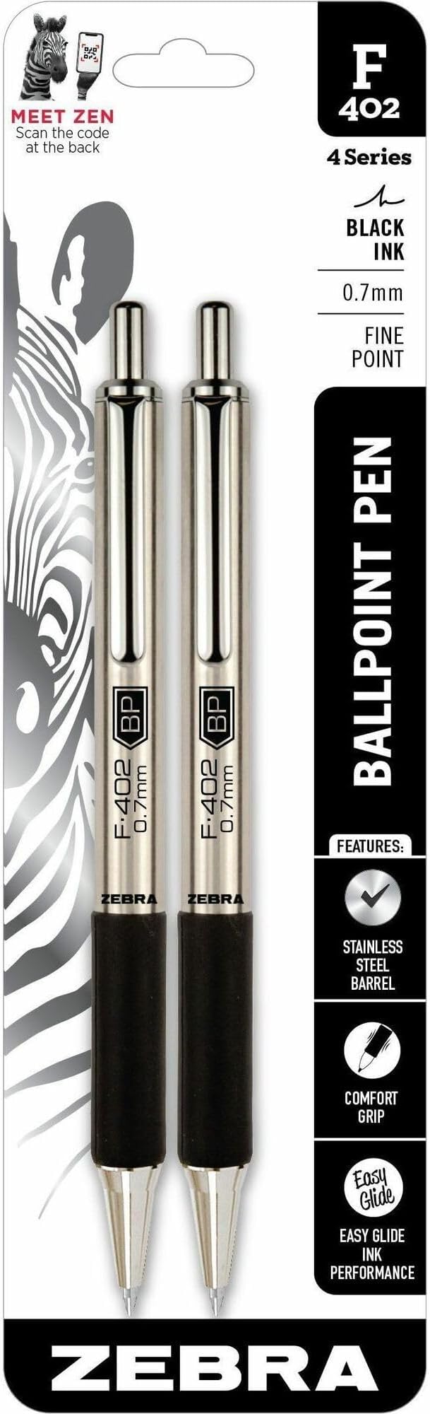 Zebra Pen F-402 Retractable Ballpoint Pen, Stainless Steel Barrel, Fine Point, 0.7mm, Black Ink, 2-Pack