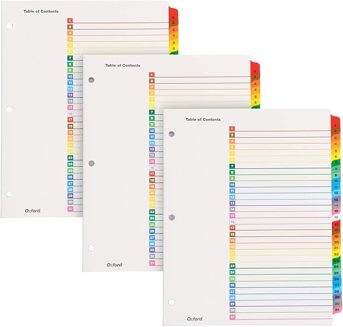 Oxford OneStep Binder Dividers, Dividers for 3 Ring Binder,Durable 31 Tab Daily Divider Sets, Numbered 1–31, Customizable Table of Contents, Reversible Multicolor Tabs, 3 Sets (89402)