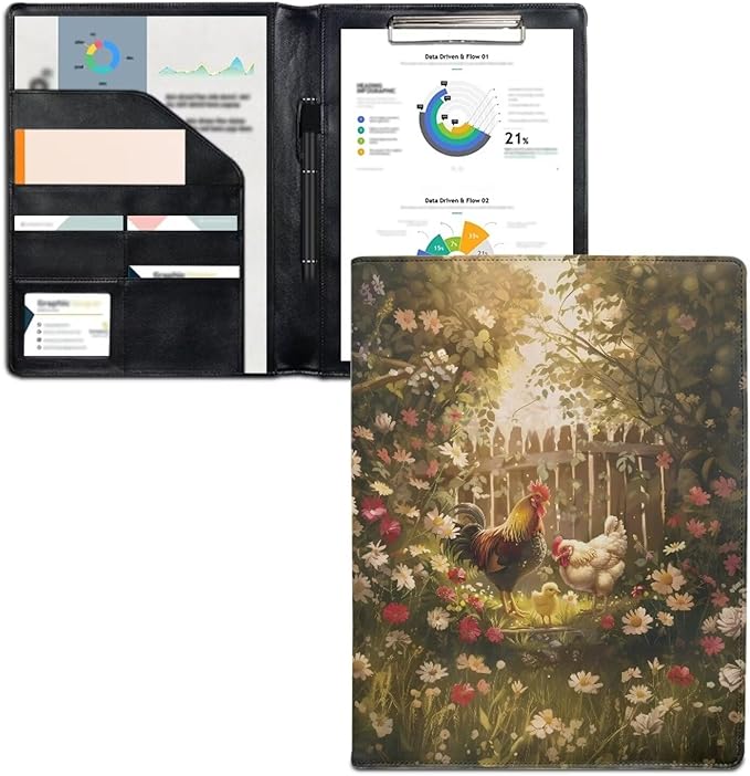 Office Folder Flower Rooster Print PU Leather Padfolio with A4 Size Clipboard Clip for Business Resume Interview Document Sleeve Binder Folder for Men/Women