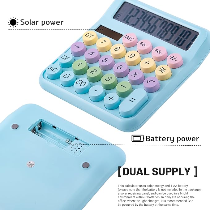 Golcellia Calculators Desktop, Blue Mechanical Calculator, Cute Calculator 12 Digit Desk Basic Calculator Large Display, Dual Power Solar Battery, Office Home School Supplies for Adults & Students