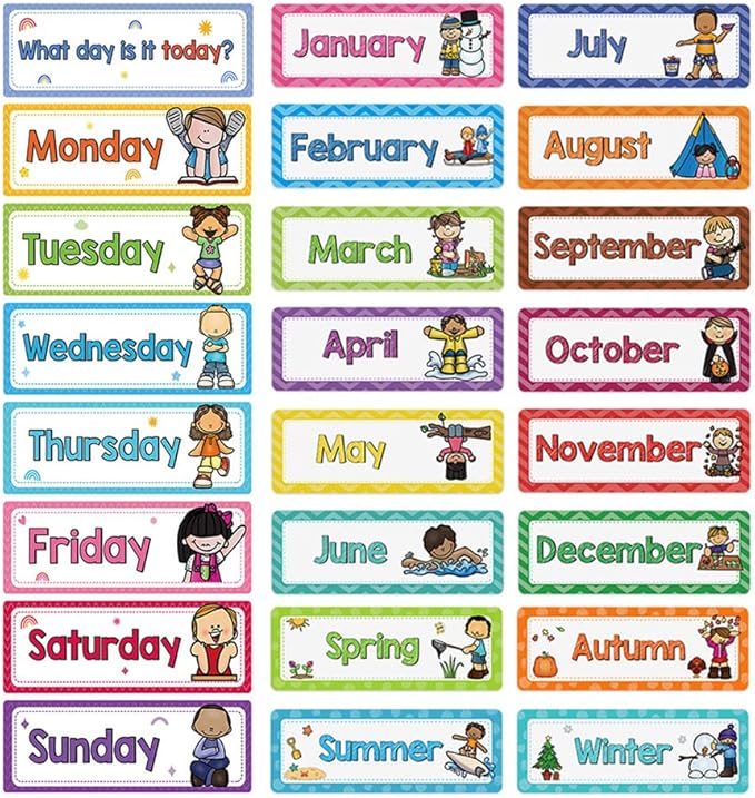 Lachilly 24 Pcs, 3 Themes Days of The Week/Seasonal/Months of The Year Flash Cards Subject Titles for Bulletin Board Headliners Classroom Decoration English Words