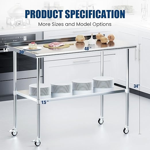 Stainless Steel Table with Wheels 30 x 48 Inches Metal Prep Table with Backsplash & Adjustable Undershelf, Stainless Table for Commercial Kitchen, Outdoor, Restaurant, Hotel & Garage