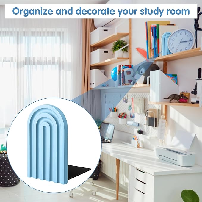 Harloon 4 Pieces Boho Arch Wood Bookends Rainbow Arch Back to School Gift Ideas Non Skid Bookend Decorative Wooden Book Stand Book Stoppers for Books Movies CDs (Denim Blue Color)