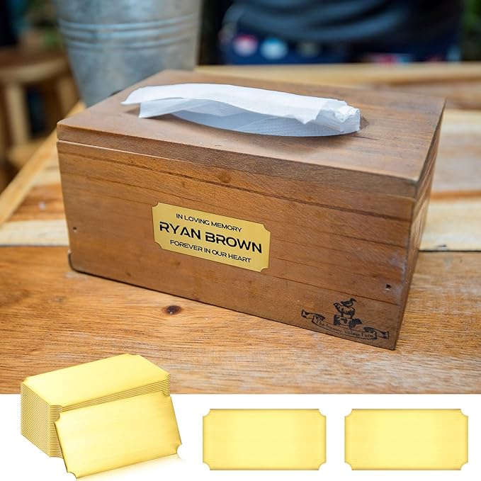 Therwen 30 Pcs Name Plates Laser Engraved Brushed Stainless Steel Plate Personalized Plaque Blank Custom Name Tag Frame Label with Adhesive Backing(Gold Notched Corner,4''x 2'')