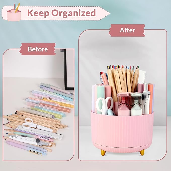 SKYDUE 360 Degree Rotating Desk Organizer, Dual-Purpose Pencil Pen Holder for Desk, Cute Rotating Desk Pen Organizer with 5 Slots, Pencil Cup for Office, School, Home Pink
