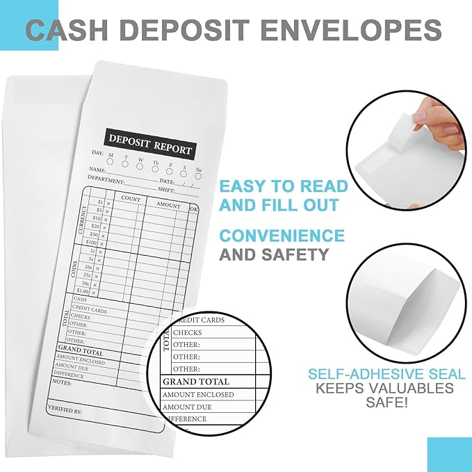 Qilery 1000 Pieces Cash Drop Envelopes Bulk Cashier Deposit Envelopes Budgeting Planning 4 1/8'' x 9 1/2'' Bank Envelopes for Cash, Small Business, Retailers Restaurants Kraft (White)