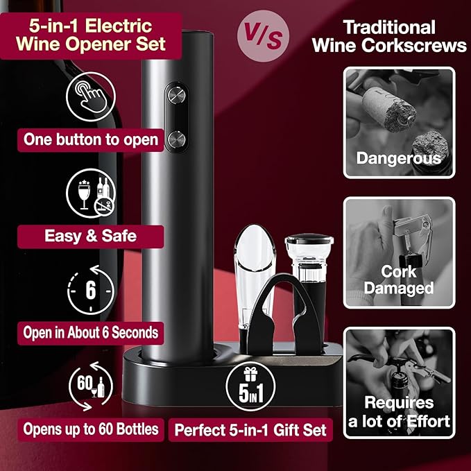5-in-1 Electric Wine Opener Set with Wine Stopper, Wine Pourer, Foil Cutter, and Storage Base – Easily Remove Corks with the Push of a Button for Decanting and Preservation (Black VBGS)