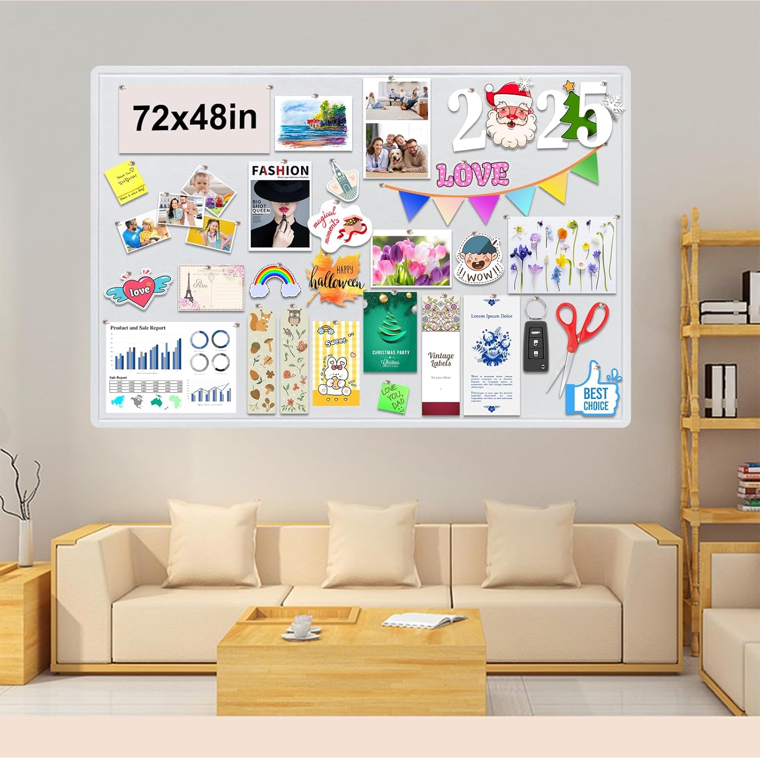 Large Bulletin Board, Foldable 72x48 Inches Cork Board Alternative, Large Felt Board Decorative Pin Board for Wall, Foldable Photo Board Self-Adhesive Vision Board with 36 Pushpins White
