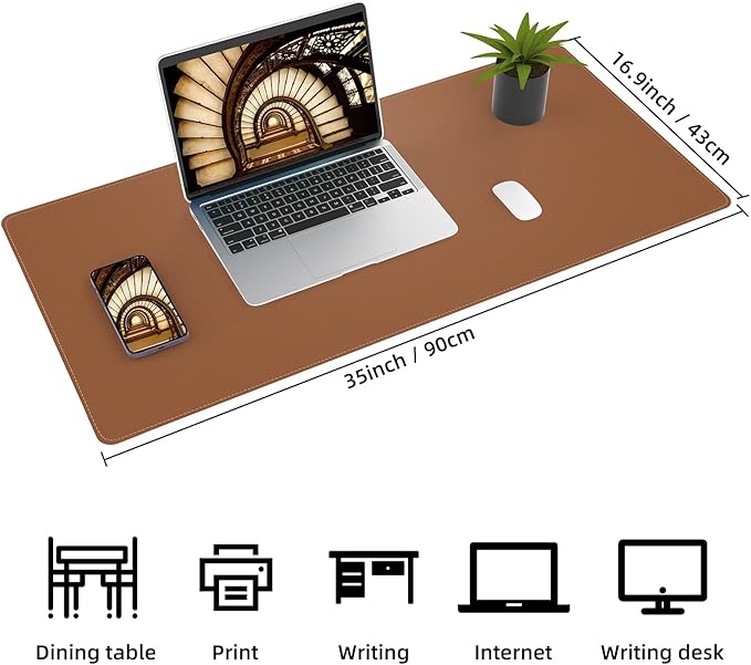 Leather Desk pad Protector, Large Desk mat with Natural Cork & PU Leather,Mouse pad,Non-Slip Office Desk Mat,Waterproof Desk Writing Pad for Office and Home (35in*17in, Brown)