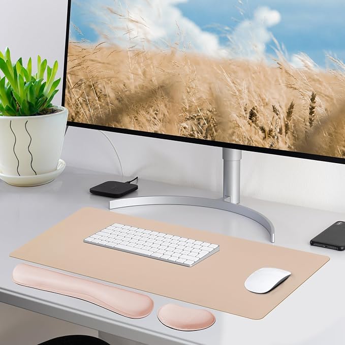 Bloss Leather Desk Pad and Keyboard Wrist Rest, Large Mouse Pad + Keyboard Pad+Mouse Wrist Support, Non-Slip Desk Mat Protector for Office, Home (35.4×15.7 Inches,Beige)