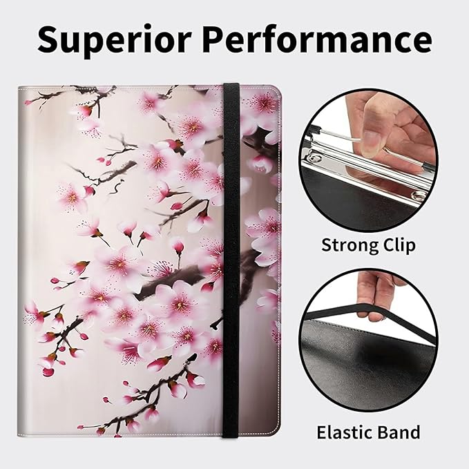 Padfolio Folder with Clipboard,Portfolios Organizer Clipboards with Storage Clipboard Writing Pad PU Leather Conference Document Organizer with Business Card Holder,Cherry Blossom
