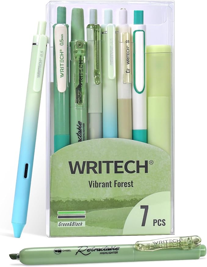 WRITECH Gel Pens Journaling Highlighters: Journal Set Aesthetic Assorted Pastel Color Ink 0.5mm Fine Point Retractable 0.7mm Black Pen Smooth Writing Drawing No Bleed 7ct (Green)